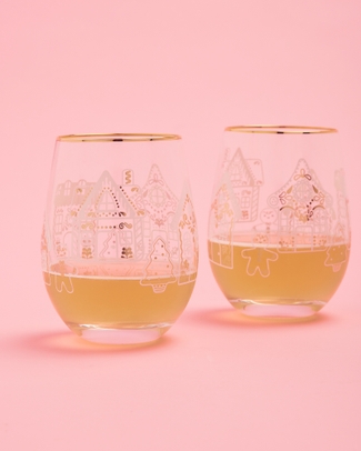 Stemless Wine Glasses Cookie Houses Set of 2