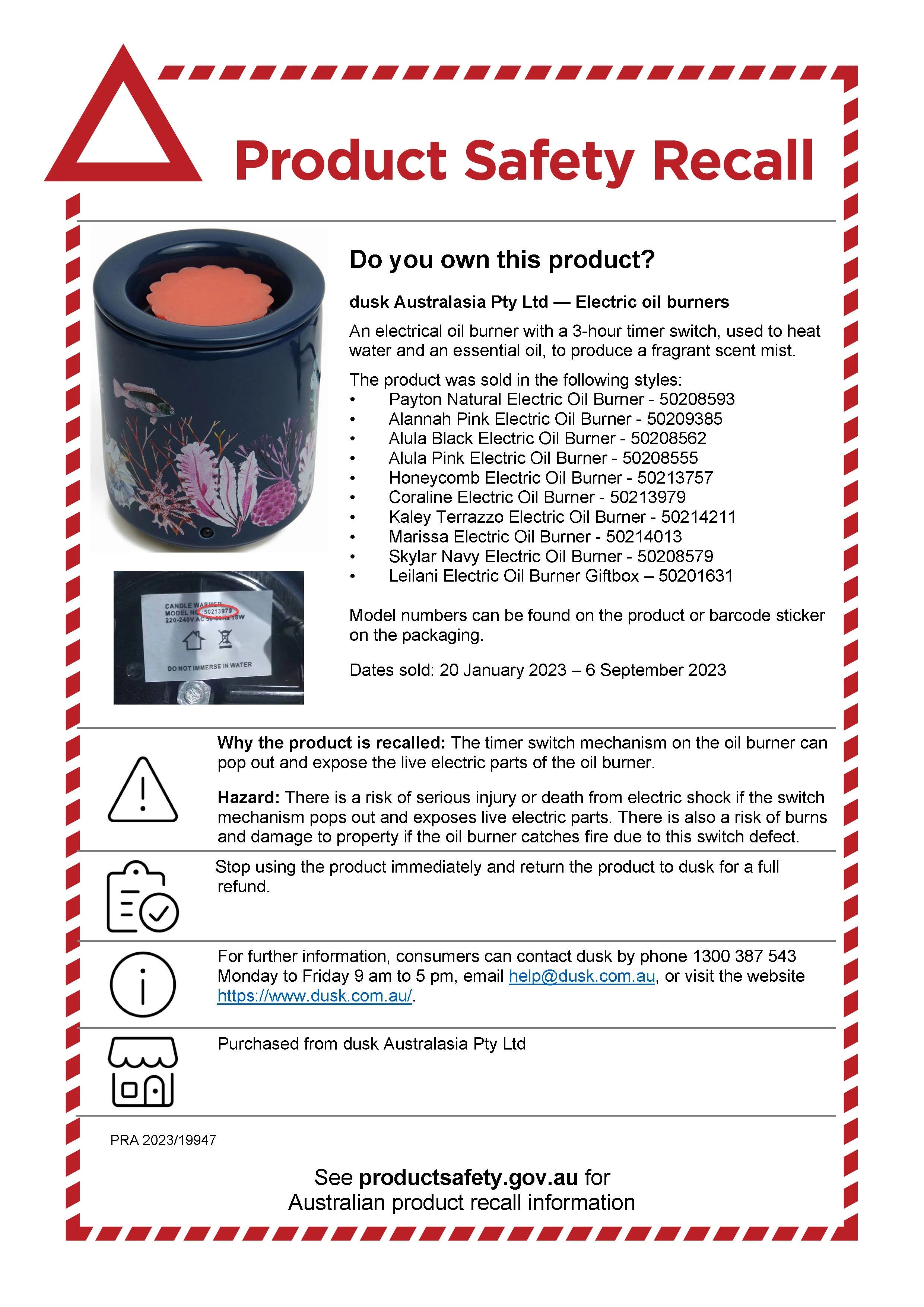 Product Safety Recall notification for certain dusk Oils Burners
